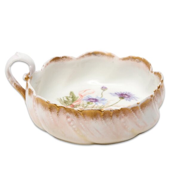 Antique Limoges France Porcelain Gold Gilt Floral Soup Bowl Handle Loop Blue - Picture 1 of 6